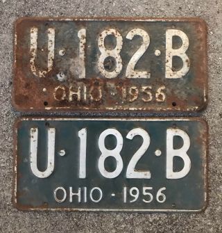Vtg Matching Pair 1956 Ohio License Plate U - 182 - B Green & White Plates See All