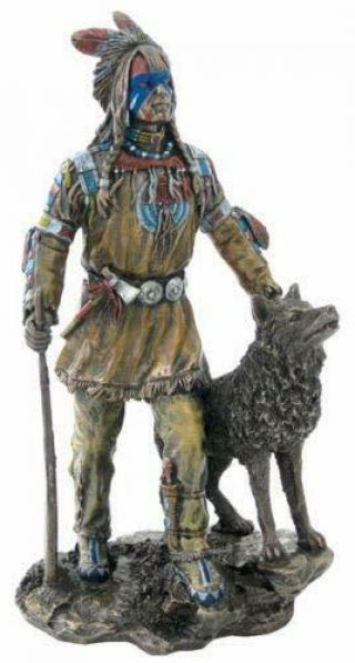 Native American Plains Indian W/ Wolf And Rifle Statue Sculpture Figurine