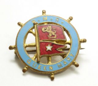 Vintage Rms Queen Mary Cunard Ocean Liner Enamel Ships Wheel Souvenir Brooch Pin