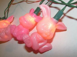 Vintage Easter Lights w/Pink Blow Plastic Easter Bunny Rabbit Covers Figures 4