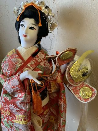 Vintage Nishi Doll Geisha In Kimono Holding Warrior Helmet Japan