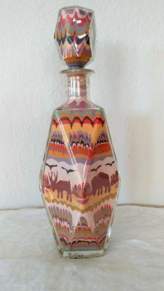 Huge 12 " Vintage Sand Art Bottle Bison Buffalo Elk Desert Artisan