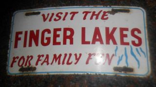 Vintage Porcelain / Enamel " Visit The Finger Lakes For Family Fun License Plate