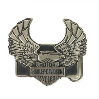 Vintage Harley - Davidson Belt Buckle Eagle Wings Tailpipe Pistons Silver Tone