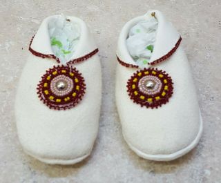 Hand Crafted Cut Beaded White Buckskin Native American Indian Baby Moccasins