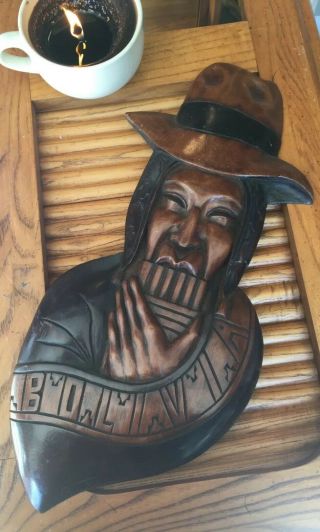 Vintage Bolivian Wood Carving Carved Man In Hat With Flute