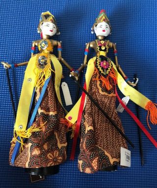 Pair Wooden Wayang Golek Doll Bali Indonesia Marionette Stick Puppets
