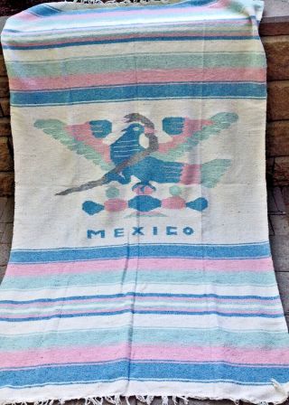 Pastel Mexican Blanket With Eagle,  Snake,  Cactus Mexican Flag Symbols 84 " X49 "