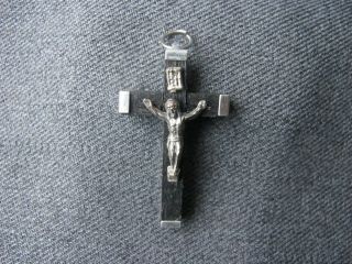 Antique Wooden & Silvered Metal Crucifix Pendant Marked Italy