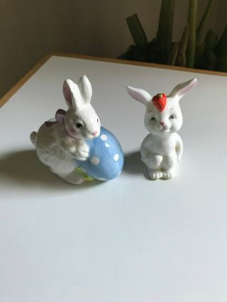 2 Vintage Easter Bunny Rabbit Figurines; Ceramic And Bone China Porcelain