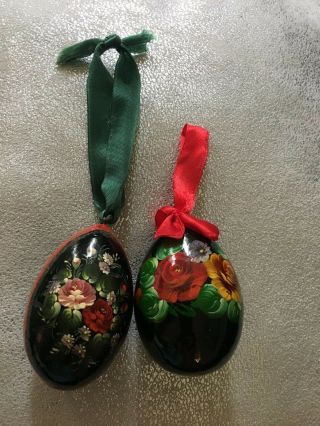 Two Egg - Shaped Wood Hand Painted Christmas Ornaments
