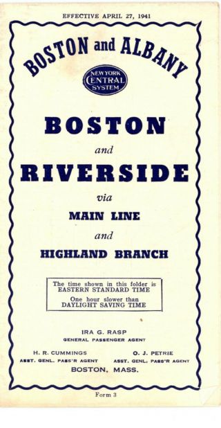 Boston & Albany Rr,  Boston And Riverside Passenger Time Table,  April 27,  1941