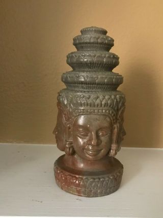 Rare - Vintage Soapstone Hand Carving Of Buddha Faces & Pagoda 6 " H -