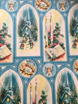 Vtg Christmas Wrapping Paper Gift Wrap Church Window Angel Jesus Manger 1950 Nos