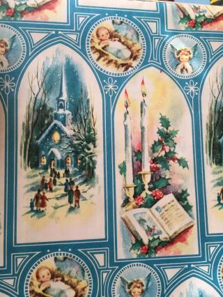 VTG CHRISTMAS WRAPPING PAPER GIFT WRAP CHURCH WINDOW ANGEL JESUS MANGER 1950 NOS 2
