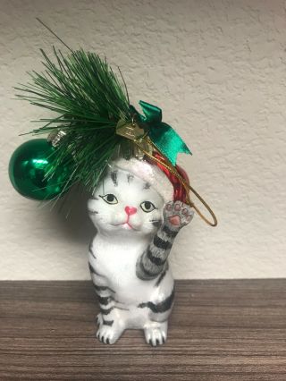 Kurt Adler Christmas Ornament Glass Cat Kitten Grey Tabby