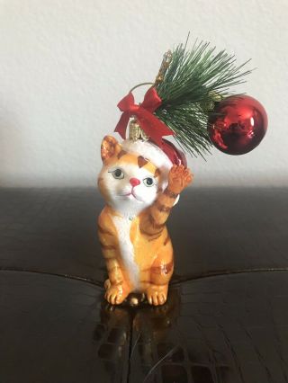 Kurt Adler Christmas Ornament Glass Cat Kitten Orange Tabby