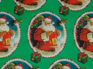 Vtg Christmas Green Santa Department Store Wrapping Paper Gift Wrap 2 Yards