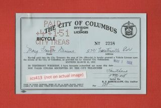 Rare 1951 Columbus Ohio Bicycle License Not Plate