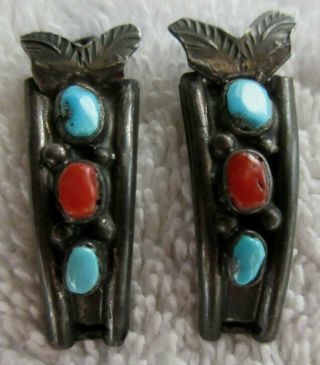 Pair Turquoise,  Coral & Sterling Navajo Watch Tips - - Nr