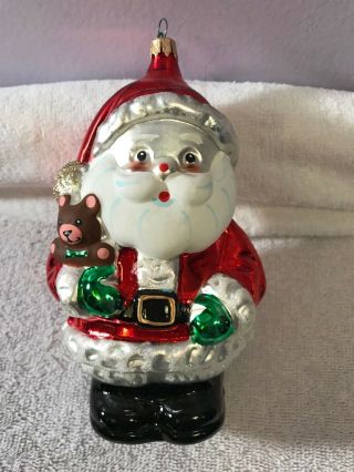Vintage Kurt Adler Glass Christmas Ornament Santa With Teddy Bear