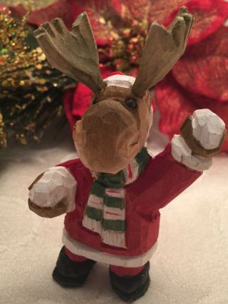 Wood Carved Reindeer Christmas Ornament Santa Hat Throwing A Snowball 4 "