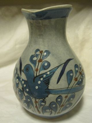 Blue Bird Hand Painted Pottery Pitcher By Artist Ajm.  Made In Tonala? Mexico