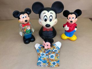 4 Vintage Mickey Mouse Toys Walt Disney Productions Coin Bank Puppet Bottle Etc.
