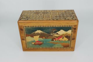 Vintage Japanese Wood Puzzle Box - Inlaid With Mt.  Fuji,  Ship,  Bird,  Flower