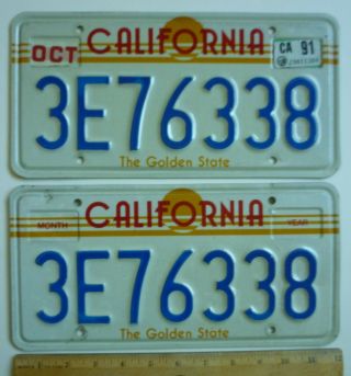 Pair California State License Plates 3e76338 The Golden State Oct 1991 Tag