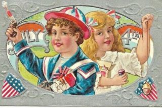 Antique Vintage Post Card July Fourth Independence Day 1910 Metallic Patriotic