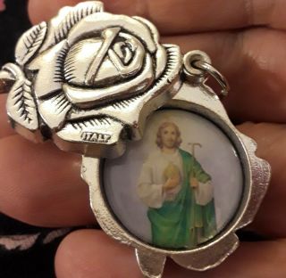Sterling Silver Plated Enamel Rose Slide St Jude Virgin Mary Medal Charm Pendant