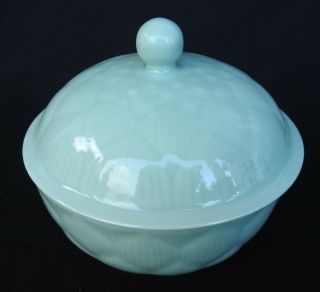 Vintage Long Quan Celadon Green Bowl With Lid Lotus Flower Design Made In China