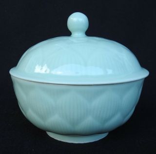 Vintage Long Quan Celadon Green Bowl With Lid lotus Flower Design Made in China 2