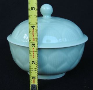 Vintage Long Quan Celadon Green Bowl With Lid lotus Flower Design Made in China 7