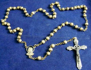 Vintage Metal Catholic Rosary Beads Italy - Brass? Silver Gold Tone - 16.  5 Inch