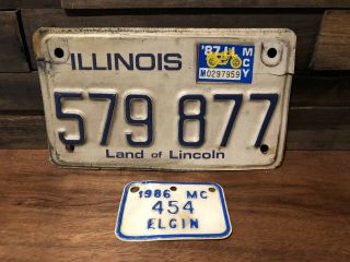 Vintage (2) 1986 - 87 Elgin Illinois Motorcycle License Plates Land Of Lincoln