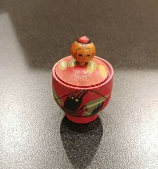 Vintage Japanese Wooden Kokeshi Doll / Jar 1 3/4 " Tall Bobble Head