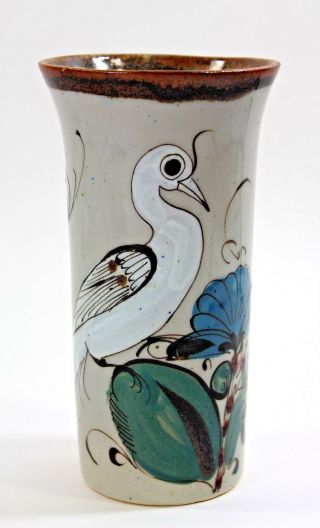 Tonala Mexican Vintage Pottery Vase With Bird Decoration 8 " Tall.  Kennard Estate