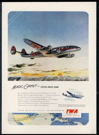 1951 Twa Airlines Lockheed Constellation Plane Art Vintage Print Ad