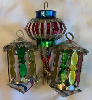 (3) Vintage Mexican Folk Art Punched Pierced Tin Christmas Ornament Lantern