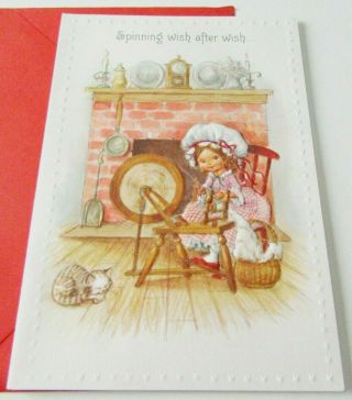 Vintage Greeting Card Hallmark Charmers Girl W Spinning Wheel W Kitten