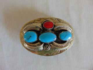 Vintage Sterling Turquoise Coral Belt Buckle Mexico Ss