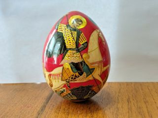 Lacquer Wooden Easter Egg Saint George Slays The Dragon Hand Painted Signed Icon