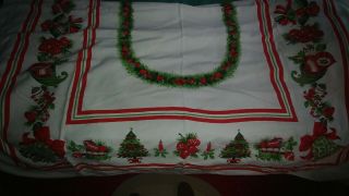 Vtg Christmas Holiday Winter Tablecloth Very Colorful Great Decorations On It