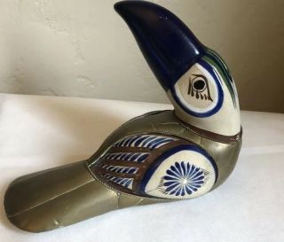 Vintage Mexican Tonala Ceramic Pottery Brass Hand Painted Toucan Bird