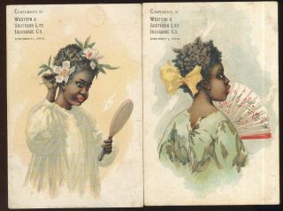 Pair 1880s Trade Cards,  Western & Southern Life Ins.  Co.  Cincinnati,  Black Girls