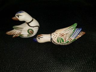 Vintage 2 Hand Painted Ducks Mexico Folk Art Pottery Figures Numbered