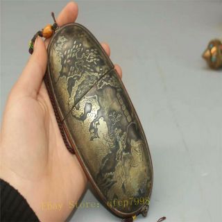 Collect Old China Pure Copper Carving Pine Tree People Retro Glasses Case Box