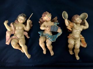3 Vintage Hard Plastic Cherubs/angels W/ Instruments Wall Decor/ornaments Italy